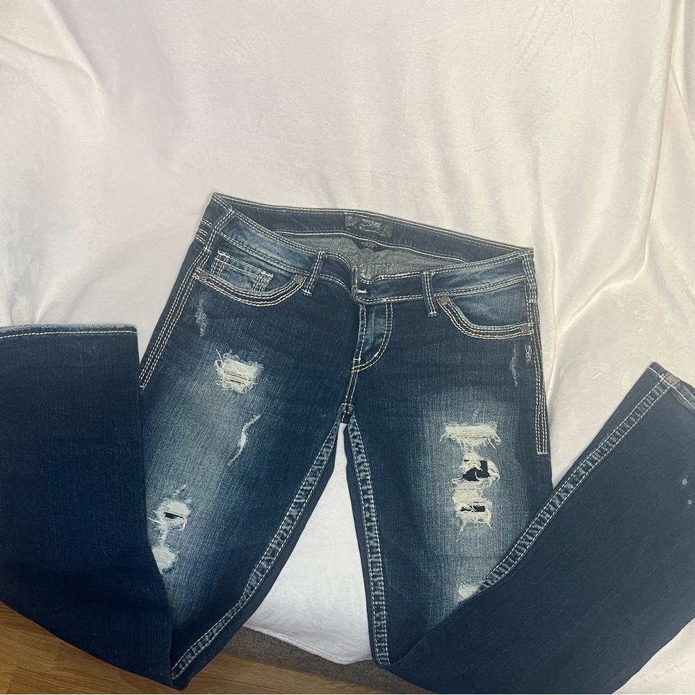Silver Jeans Dark Blue Distressed Straight Leg